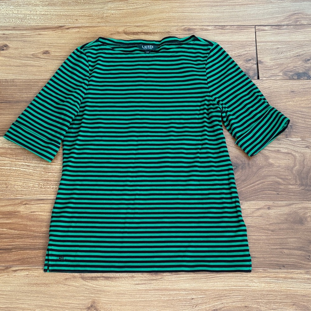 Ralph Lauren Black and Green Striped Cuffed Sleeve Top